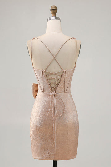 Champagne Bodycon Corset Satin Homecoming Dress with Bow